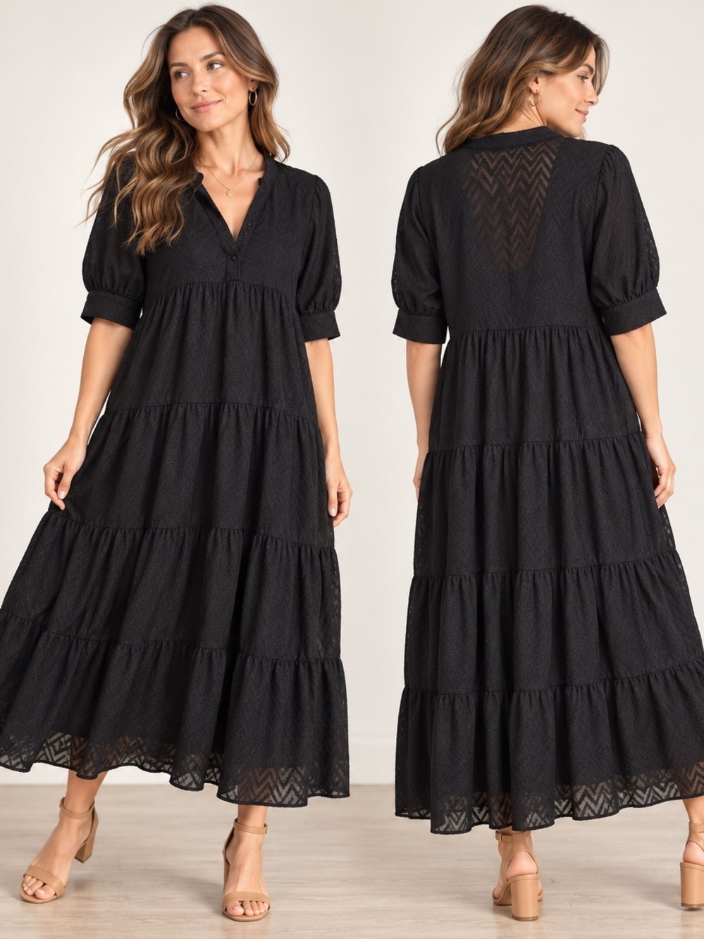 ZARA Black Tiered Midi Maxi Dress Contemporary Boho Romantic Size M